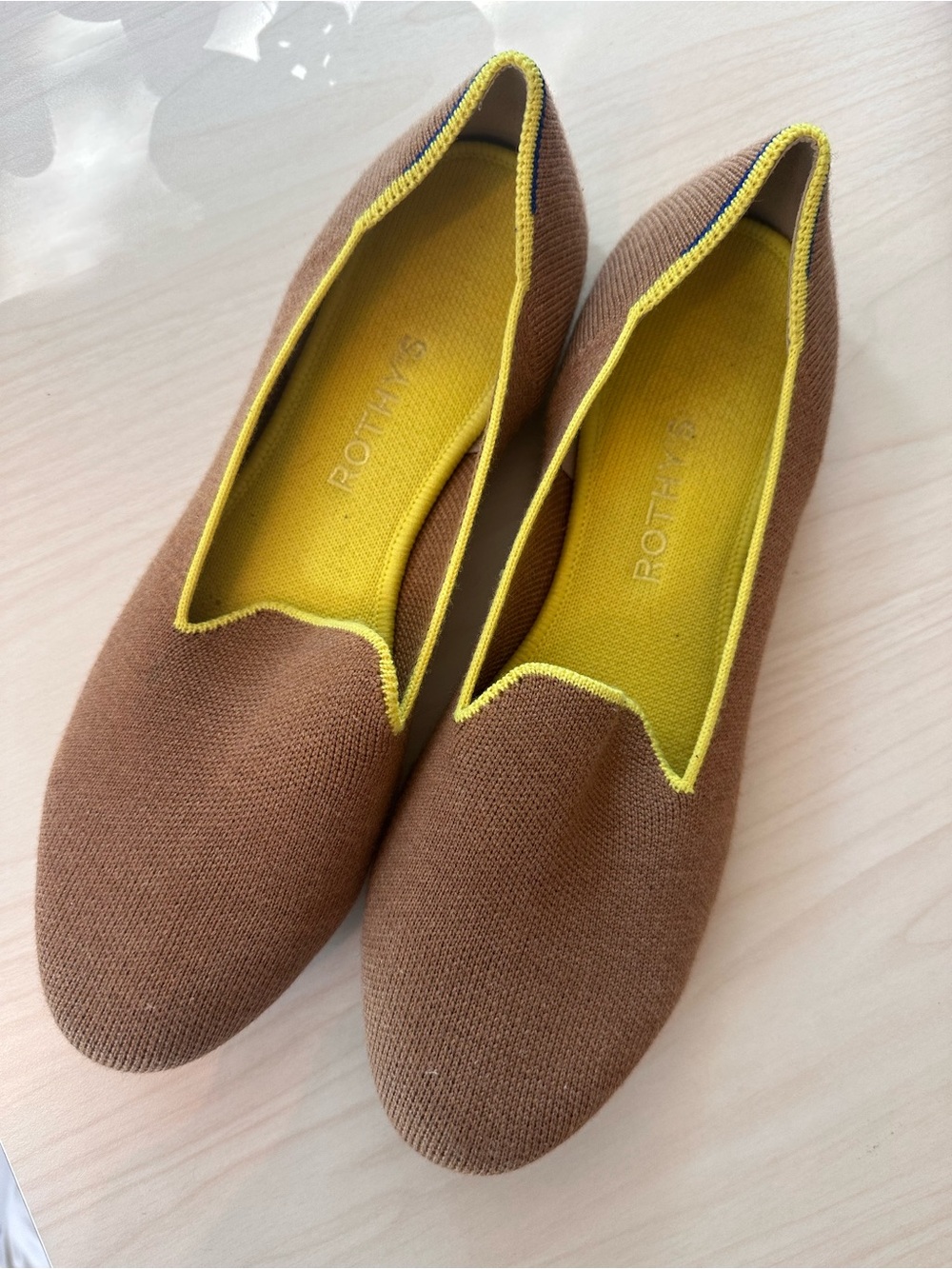 Rothy's Brown Knit Slip-On Flats with Yellow Trim